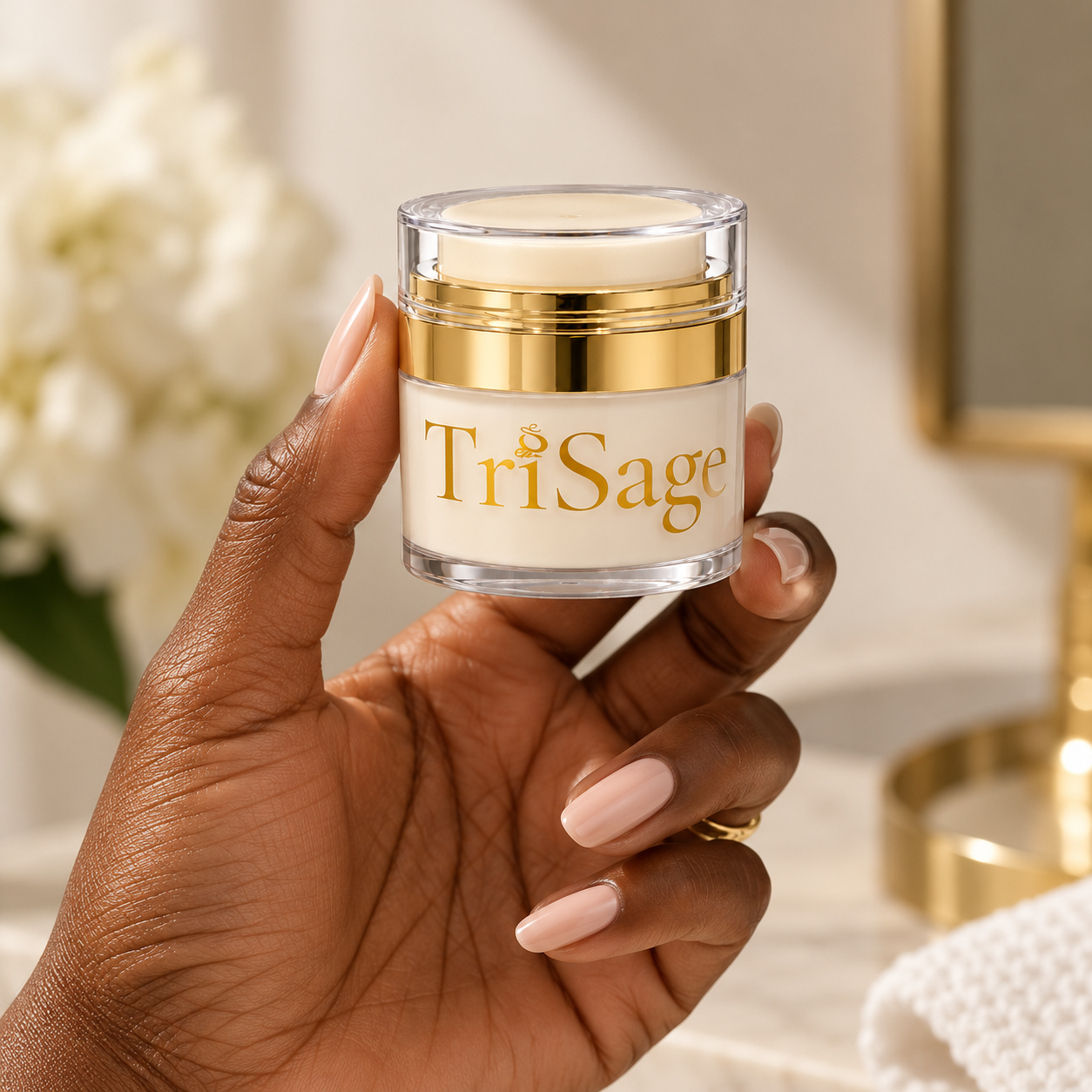 A hand holding a jar of TriSage bioidentical hormone cream beside white flowers