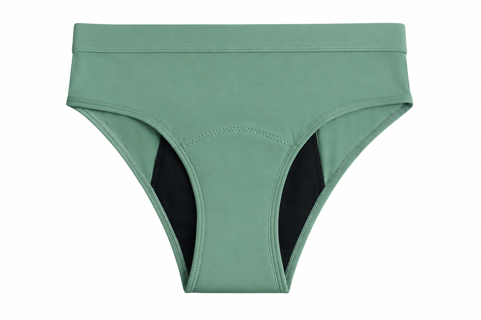 TriSage MenoPanties — sage green leakproof briefs with black absorbent lining
